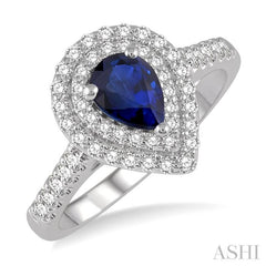1/2 Ctw Pear Shape 7x5 MM Sapphire & Round Cut Diamond Precious Ring in 14K White Gold
