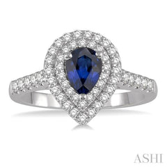 1/2 Ctw Pear Shape 7x5 MM Sapphire & Round Cut Diamond Precious Ring in 14K White Gold