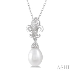 1/10 Ctw 9x7 MM White Cultured Pearl & Round Cut Diamond Fleur De Lis Pendant in 10K White Gold