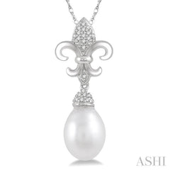 1/10 Ctw 9x7 MM White Cultured Pearl & Round Cut Diamond Fleur De Lis Pendant in 10K White Gold