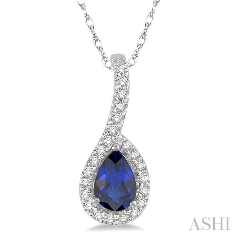 1/8 Ctw Pear Shape 6x4 MM Sapphire & Round Cut Diamond Precious Pendant in 10K White Gold