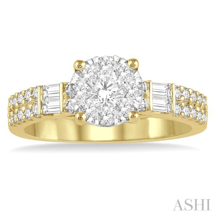 7/8 Ctw Round and Baguette Diamond Lovebright Engagement Ring in 14K Yellow and White gold