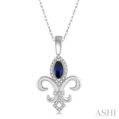 1/10 Ctw 6x3 MM Marquise Shape Sapphire & Round Cut Diamond Fleur De Lis Precious Pendant With Chain in 10K White Gold