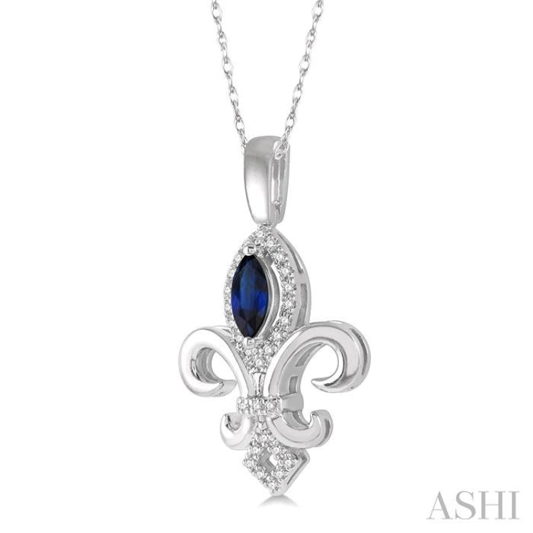 1/10 Ctw 6x3 MM Marquise Shape Sapphire & Round Cut Diamond Fleur De Lis Precious Pendant With Chain in 10K White Gold