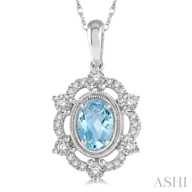 6x4 MM Oval Cut Aquamarine and 1/6 Ctw Round Cut Diamond Semi-Precious Pendant With Chain in 10K White Gold