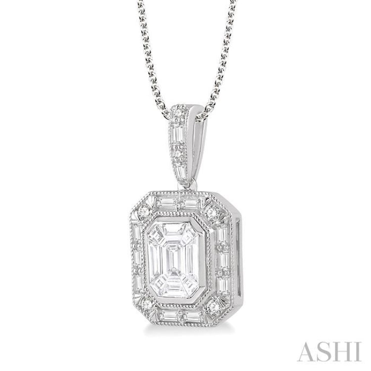 1/2 Ctw Emerald, Baguette & Round Cut Fusion Diamond Pendant in 14K White Gold