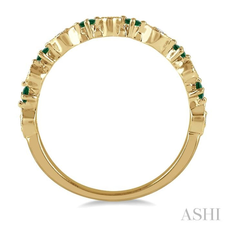 1.80 MM Round Cut Emerald and 1/20 Ctw Round Cut Diamond Precious Half Eternity Wedding Band in 14K Yellow Gold