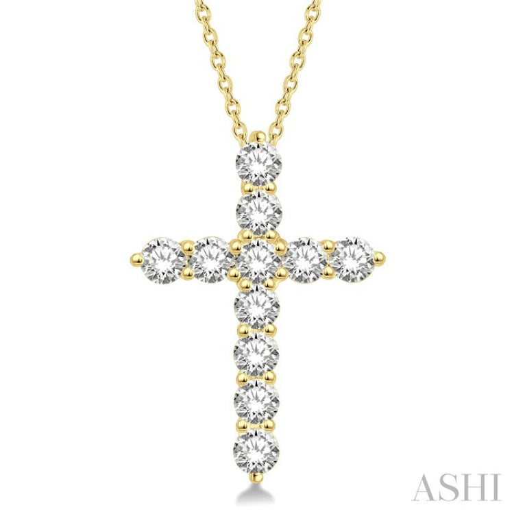 1 1/2 Ctw Round Cut Diamond Cross Pendant in 14K Yellow Gold with Chain