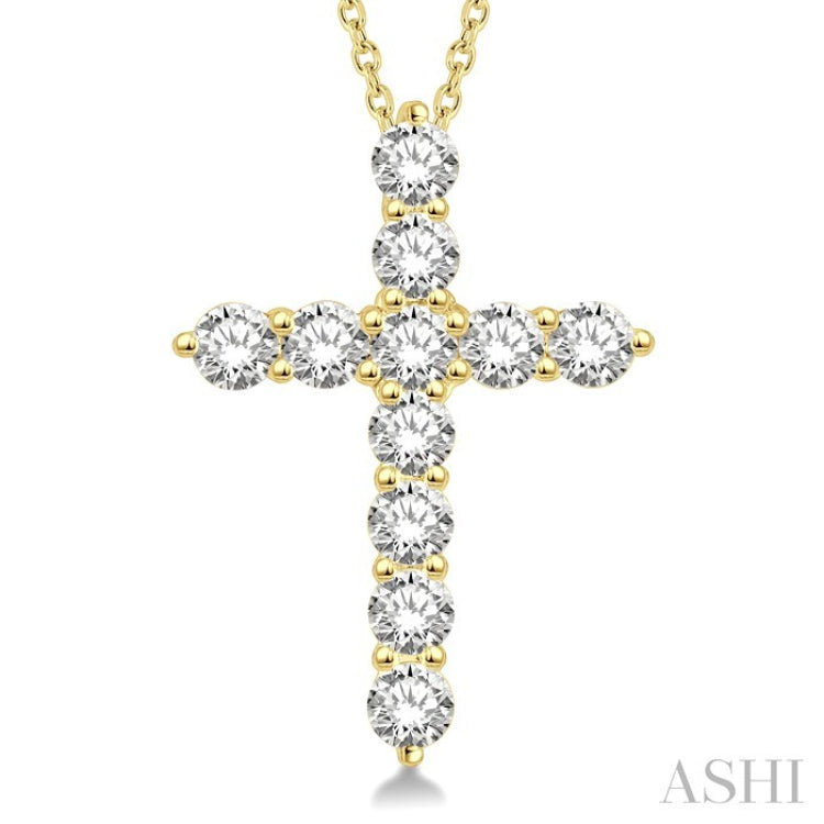1 1/2 Ctw Round Cut Diamond Cross Pendant in 14K Yellow Gold with Chain