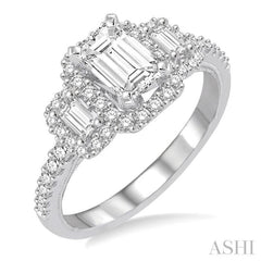 1 ctw Baguette and Round Cut Diamond Ladies Engagement Ring with 1/2 Ct Emerald Cut Center Stone in 14K White Gold