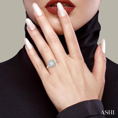 3/4 Ctw Princess & Halo Round Cut Diamond Ladies Engagement Ring With 1/2 Ct Princess Cut Center Stone in 14K White Gold