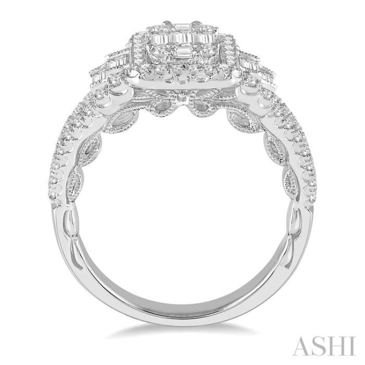 1 Ctw Split Shank Baguette and Round Cut Diamond Bridal Ring in 14K White Gold