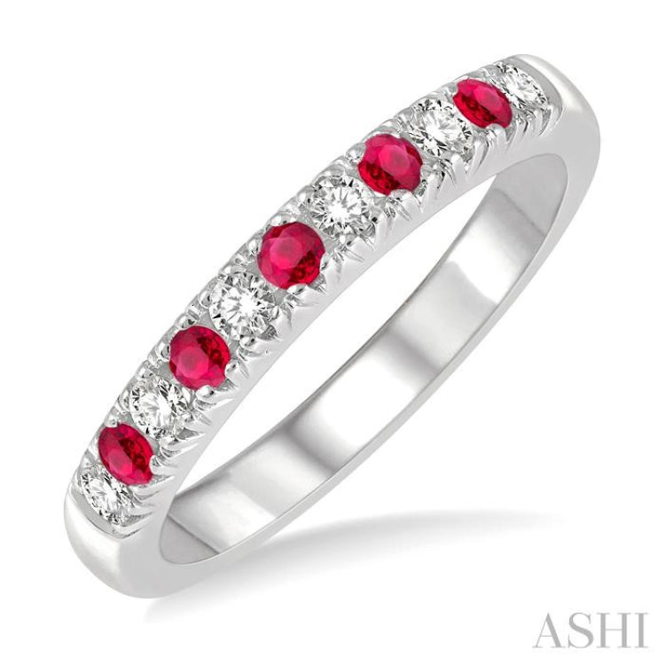 2 MM Round Shape Ruby and 1/5 Ctw Round Cut Diamond Precious Wedding Band in 14K White Gold