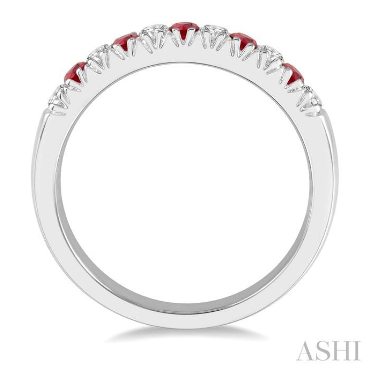 2 MM Round Shape Ruby and 1/5 Ctw Round Cut Diamond Precious Wedding Band in 14K White Gold
