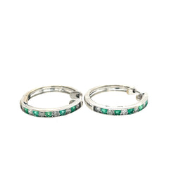 14k White Gold Diamond And Emerald Hoops