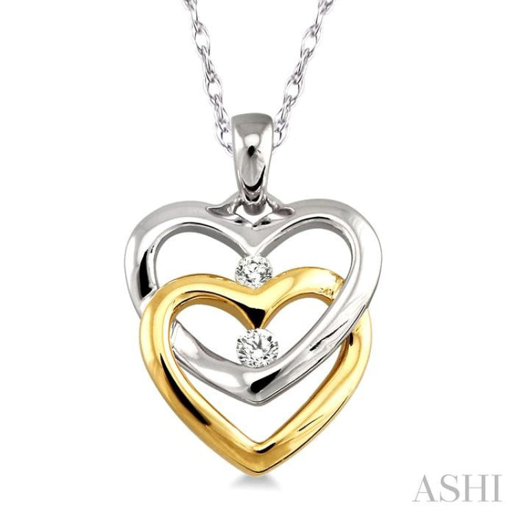 1/10 Ctw Twins Heart Round Cut Diamond Pendant in 14K White and Yellow Gold with Chain