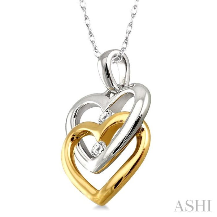 1/10 Ctw Twins Heart Round Cut Diamond Pendant in 14K White and Yellow Gold with Chain