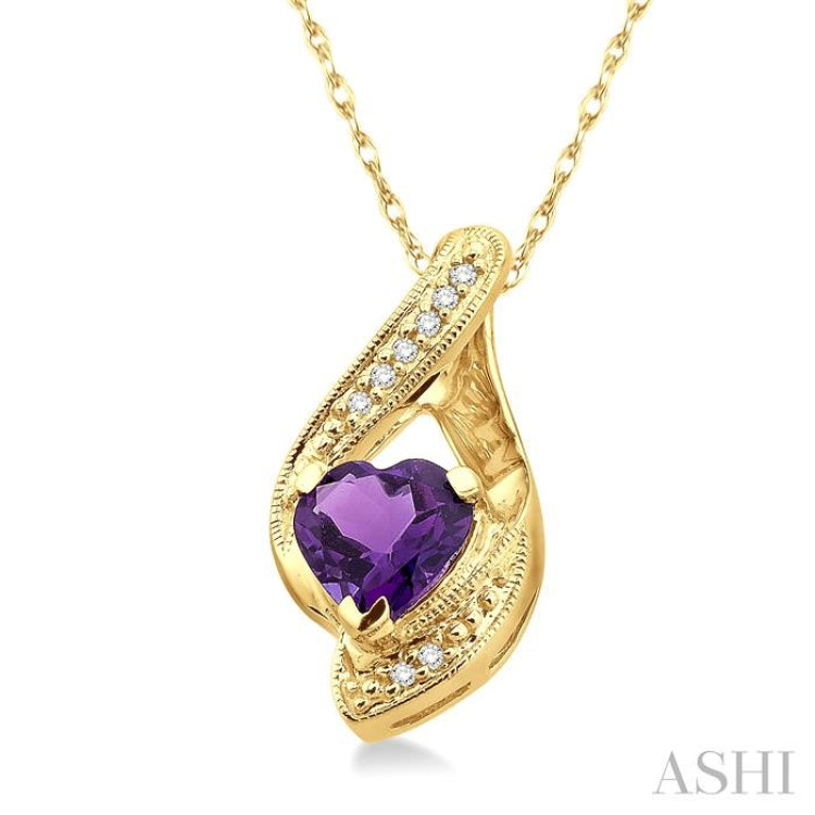 7mm Heart Shape Amethyst and 1/20 Ctw Single Cut Diamond Semi Precious Pendant in 14K Yellow Gold with Chain