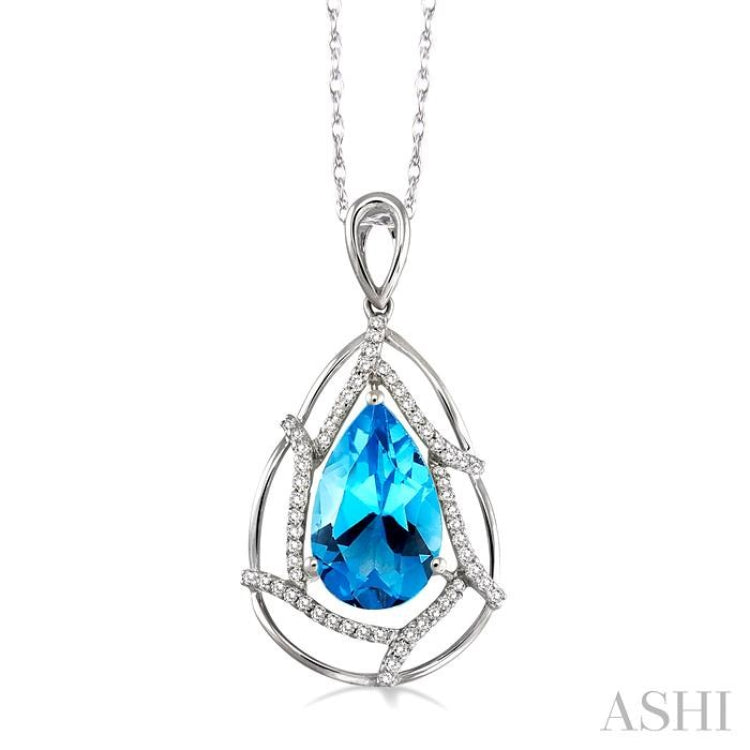 10x7mm Pear Shape Blue Topaz and 1/5 Ctw Round Cut Diamond Semi Precious Pendant in 14K White Gold with Chain