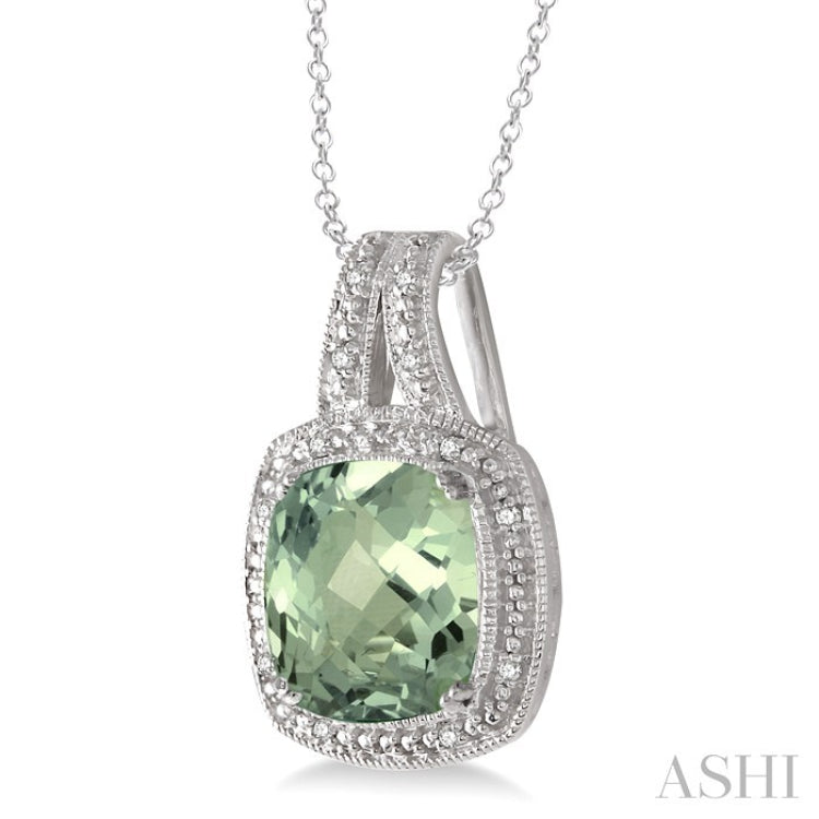 10x10 MM Cushion Shape Green Amethyst and 1/20 Ctw Round Cut Diamond Pendant in Sterling Silver with Chain