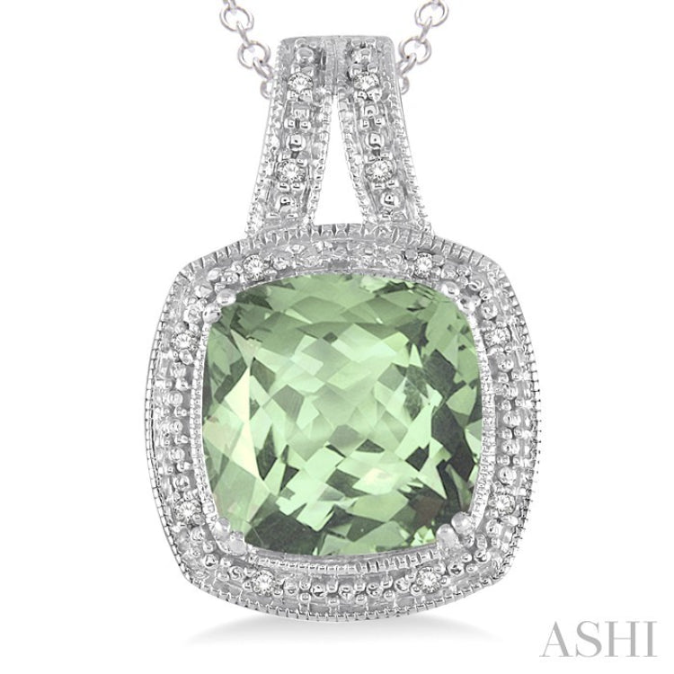 10x10 MM Cushion Shape Green Amethyst and 1/20 Ctw Round Cut Diamond Pendant in Sterling Silver with Chain