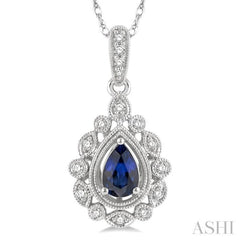 6x4 MM Pear Cut Sapphire and 1/8 Ctw Lattice Round Cut Diamond Precious Pendant With Chain in 10K White Gold