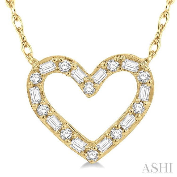 1/4 Ctw Heart Charm Baguette and Round Cut Diamond Necklace in 14K Yellow Gold