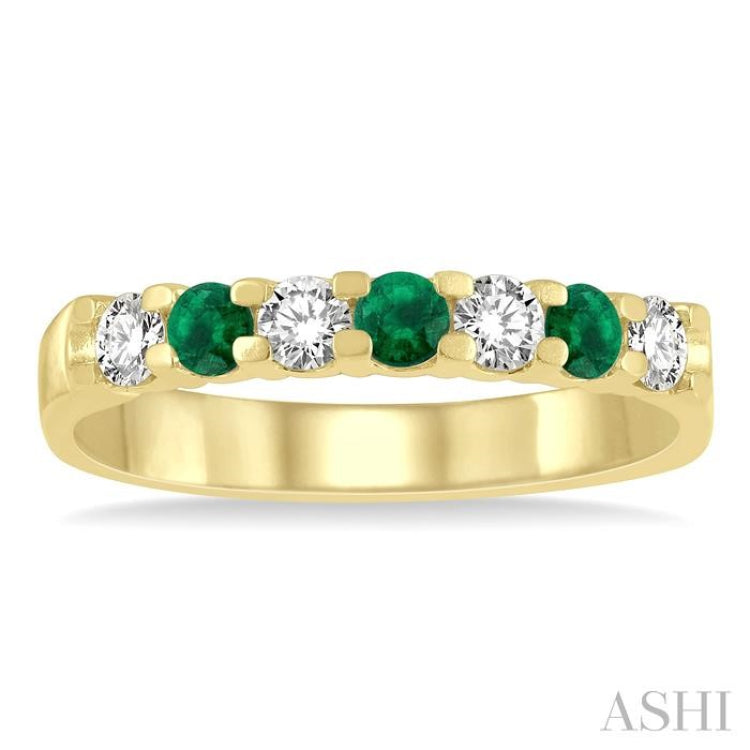 3/8 ctw Round Cut Diamond and 3MM Emerald Precious Wedding Band in 14K Yellow Gold