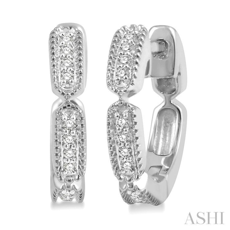 1/10 Ctw Lattice Long Hexagonal Pod Round Cut Diamond Huggie Petite Earrings in 10K White Gold