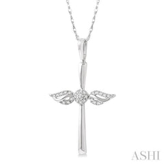 1/10 Ctw Angel Wing Round Cut Diamond Cross Pendant With Chain in 10K White Gold