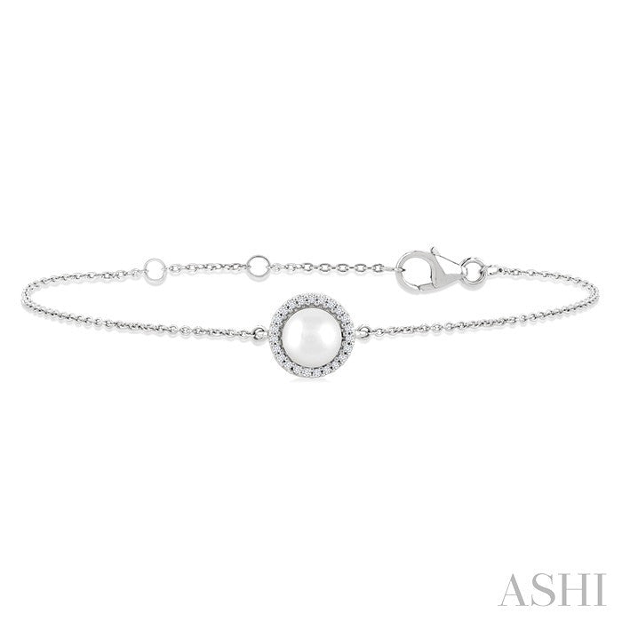 6 MM Round shape Round Shape Cultured Pearl and 1/20 Ctw Round Cut Diamond Petite Halo Bracelet in 10K White Gold