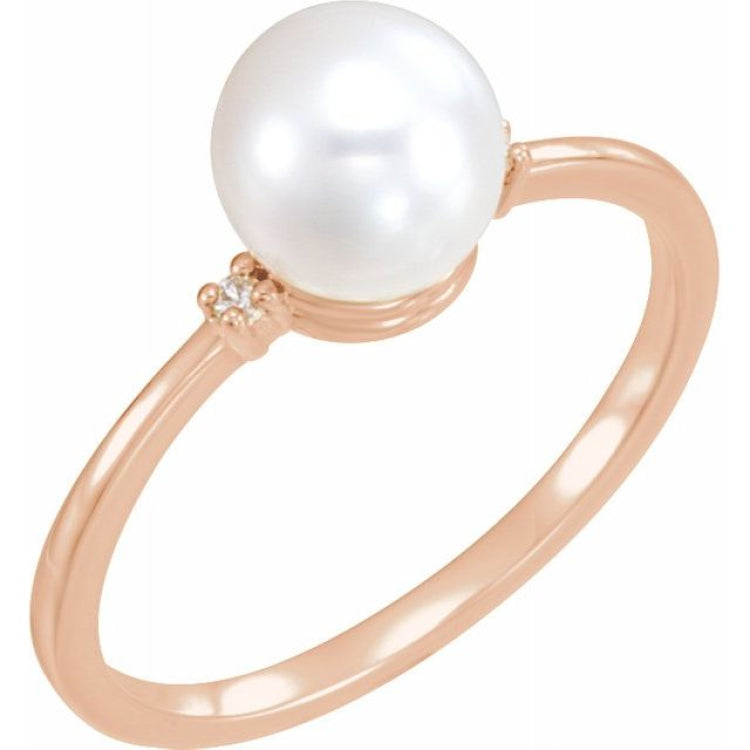 14K Rose Cultured White Freshwater Pearl & .025 CTW Natural Diamond Ring