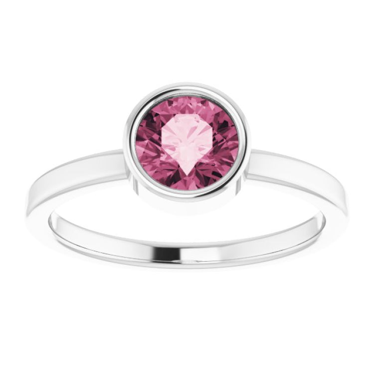 Rhodium-Plated Sterling Silver 6 mm Imitation Pink Tourmaline Ring
