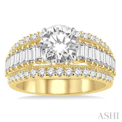 1 1/3 Ctw Baguette and Round Cut Diamond Semi-Mount Engagement Ring in 14K Yellow and White Gold