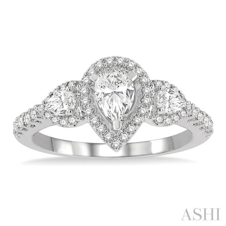 1 ctw Past, Present & Future Round Cut Diamond Engagement Ring With 3/8 ct Pear Cut Center Stone in 14K White Gold