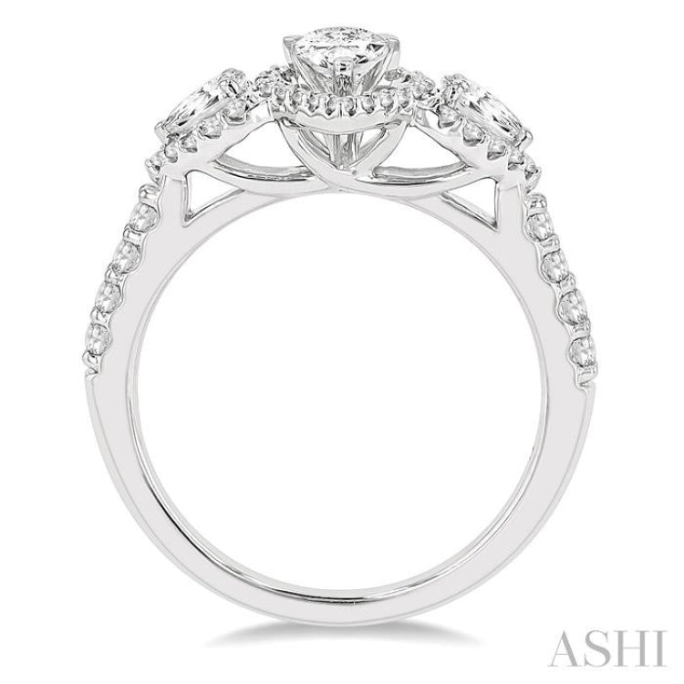 1 Ctw Past, Present & Future Round Cut Diamond Engagement Ring With 3/8 ct Pear Cut Center Stone in 14K White Gold