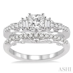 1 Ctw Diamond Wedding Set with 3/4 Ctw Princess Cut Engagement Ring and 1/4 Ctw Wedding Band in 14K White Gold