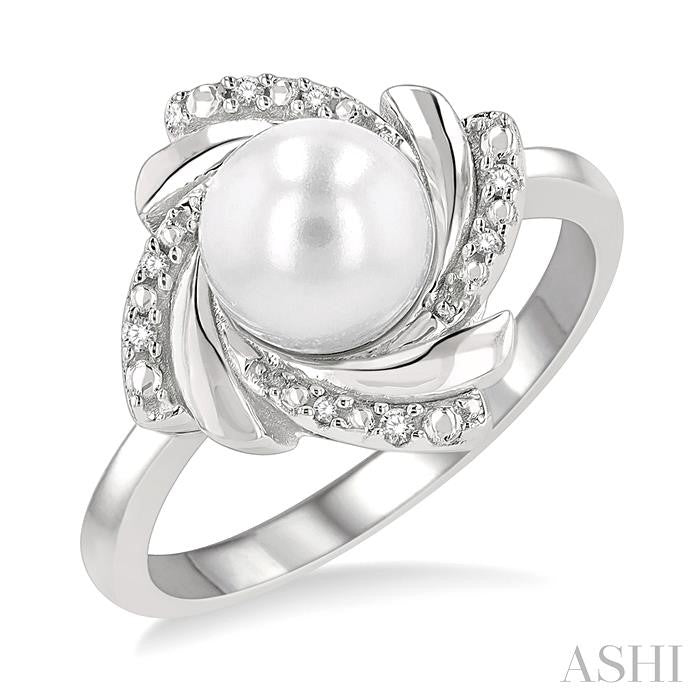 7X7 MM Round Shape Cultured Pearl and 1/50 Ctw Swirl Round Cut Diamond Ring in Sterling Silver
