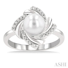 7X7 MM Round Shape Cultured Pearl and 1/50 Ctw Swirl Round Cut Diamond Ring in Sterling Silver