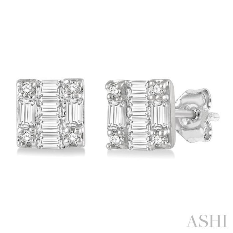 1/6 Ctw Square Shape Baguette and Round Cut Diamond Petite Fashion Earrings in 10K White Gold.