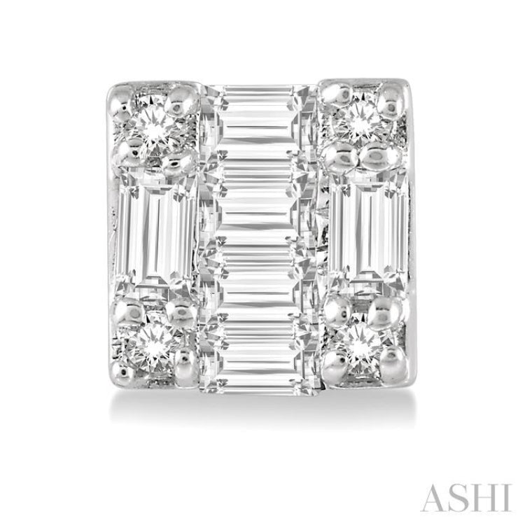1/6 Ctw Square Shape Baguette and Round Cut Diamond Petite Fashion Earrings in 10K White Gold.