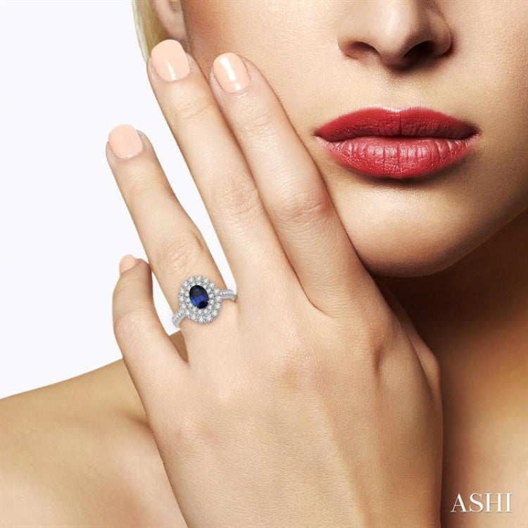 1 Ctw Oval Shape 7x5 MM Sapphire and Round Cut Diamond Halo Precious Ring in 14K White Gold