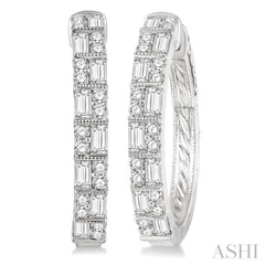 1 ctw Basket Weave Baguette and Round Cut Diamond Hoop Earrings in 14K White Gold