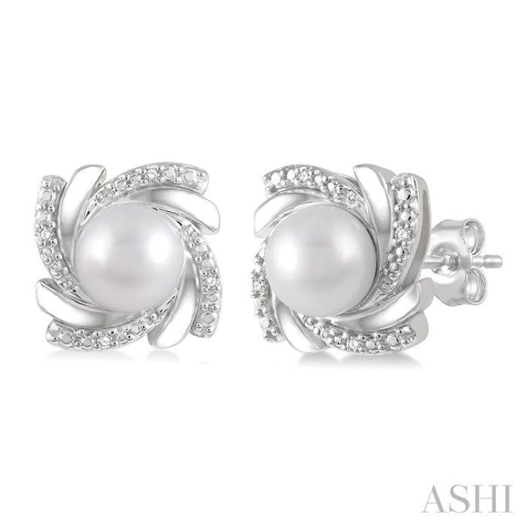 6x6 MM Round Shape Cultured Pearls and 1/50 Ctw Swirl Round Cut Diamond Earrings in Sterling Silver