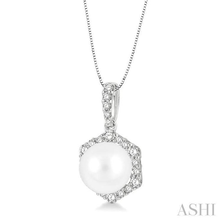 8X8MM Cultured Pearl and 1/3 Ctw Hexagon Shape Round Cut Diamond Pendant With Chain in 14K White Gold