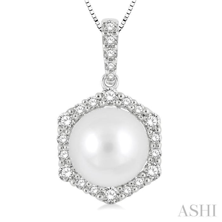 8X8MM Cultured Pearl and 1/3 Ctw Hexagon Shape Round Cut Diamond Pendant With Chain in 14K White Gold