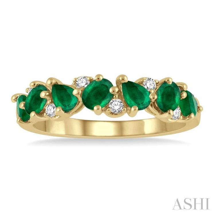 1/10 ctw Pear and Oval Shape 4X3MM Emerald and Round Cut Diamond Precious Band in 14K Yellow Gold