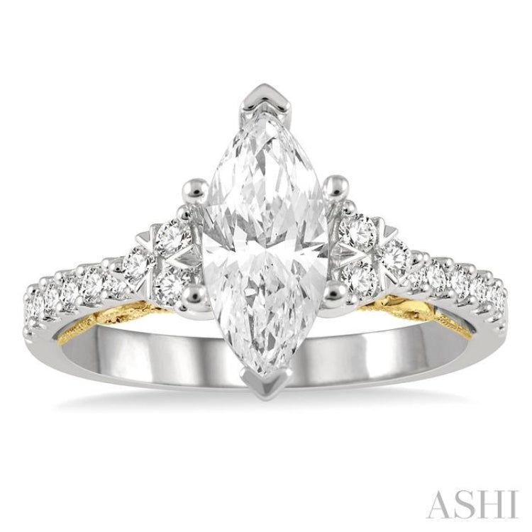 1/3 ctw Marquise Shape Tri Mount Round Cut Diamond Semi-Mount Engagement Ring in 14K White and Yellow Gold