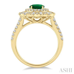 1 Ctw Lattice Oval Shape 8x6 MM Emerald, Baguette and Round Cut Diamond Precious Ring in 14K Yellow Gold