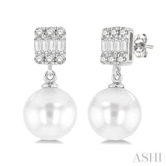 6MM Cultured Pearls and 1/10 ctw Baguette and Single Cut Diamond Earring in 14K White Gold